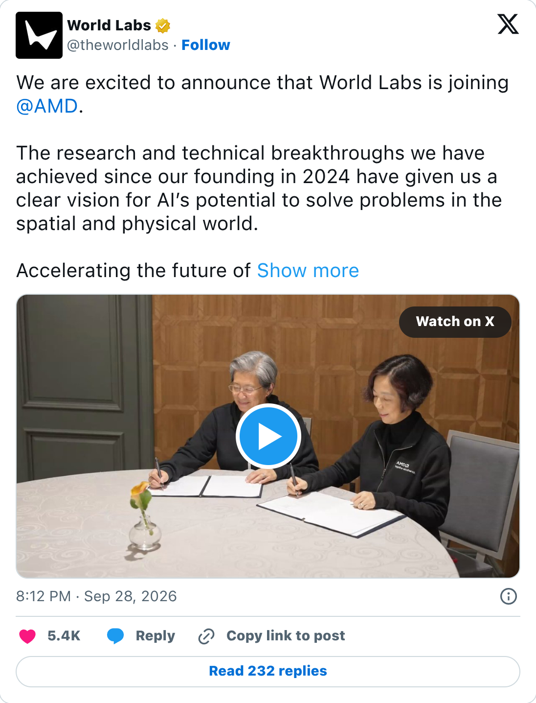 @theworldlabs on X: We are excited to announce that World Labs is joining @AMD. The research and technical breakthroughs we have achieved since our founding in 2024 have given us a clear vision for AI’s potential to…